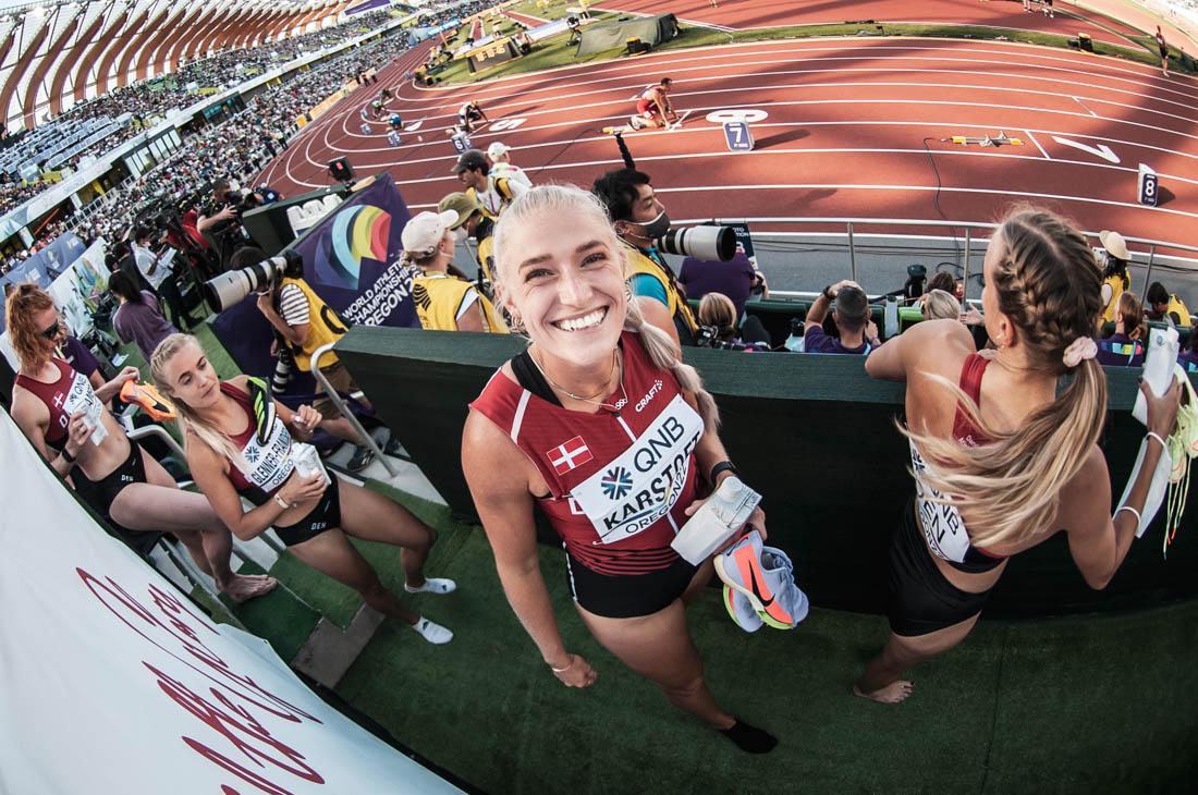 Ida Karstoft of Denmark walks towards her team after competing in the Womens 200m. The World Athletics Championships continue onto day eight at Hayward Field in Eugene, Ore., on July 22, 2022. (Maddie Stellingwerf/Emerald)