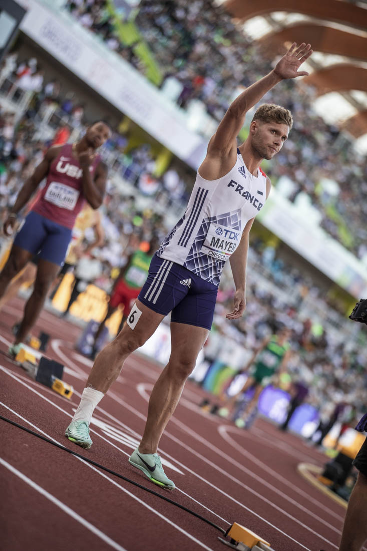 Kevin Mayer of France is introduced before his heat in the Mens decathlon 400m race. The second to last day of the World Athletics Championships is hosted at Hayward Field on July 23, 2022 in Eugene, Ore. (Maddie Stellingwerf/Emerald)