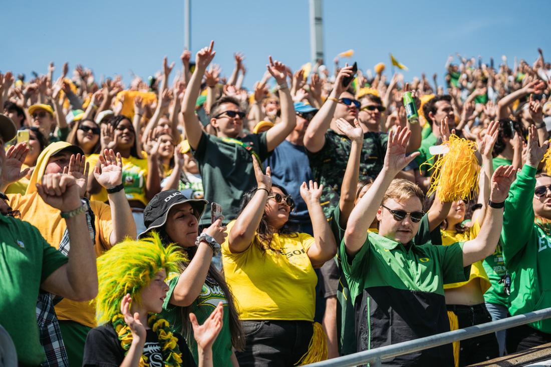 Fans sing and dance durring the traditional "SHOUT" segment of the third quarter. The Oregon Football team competes in it's annual spring game on April 23rd, 2022 at Autzen Stadium in Eugene, Ore. (Serei Hendrie/Emerald)