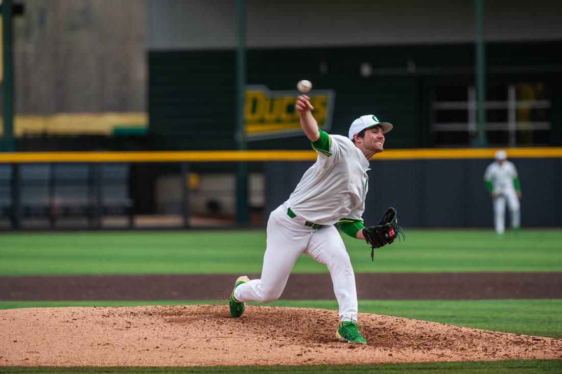 Sophomore Adam Maier (51) pitches the ball. Oregon Baseball takes on UC Santa Barbara Gauchos at PK Field in Eugene, Ore. on Mar. 4, 2022. (Mary Grosswendt/Emerald)