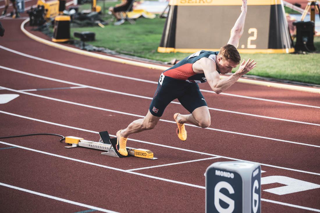 Karsten Warholm of Norway, takes off for the Mens 400m hurdles finals. An explosive first weekend of the World Athletic Championships comes to a close at Hayward field in Eugene, Ore., from July 15-17, 2022 (Maddie Stellingwerf/Emerald)