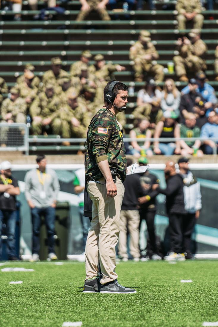 Head Coach Dan Lanning pulled double duty coaching both teams of the game. The Oregon Football team competes in it's annual spring game on April 23rd, 2022 at Autzen Stadium in Eugene, Ore. (Serei Hendrie/Emerald)