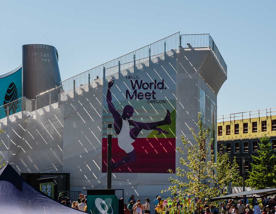 The city of Eugene is plastered in promotional posters celebrating the 2022 Track &amp; Field World Championships. The 2022 Track &amp; Field Championships kicked off July 15th, 2022, at Hayward Field in Eugene, Ore. (Ian Enger/Emerald)