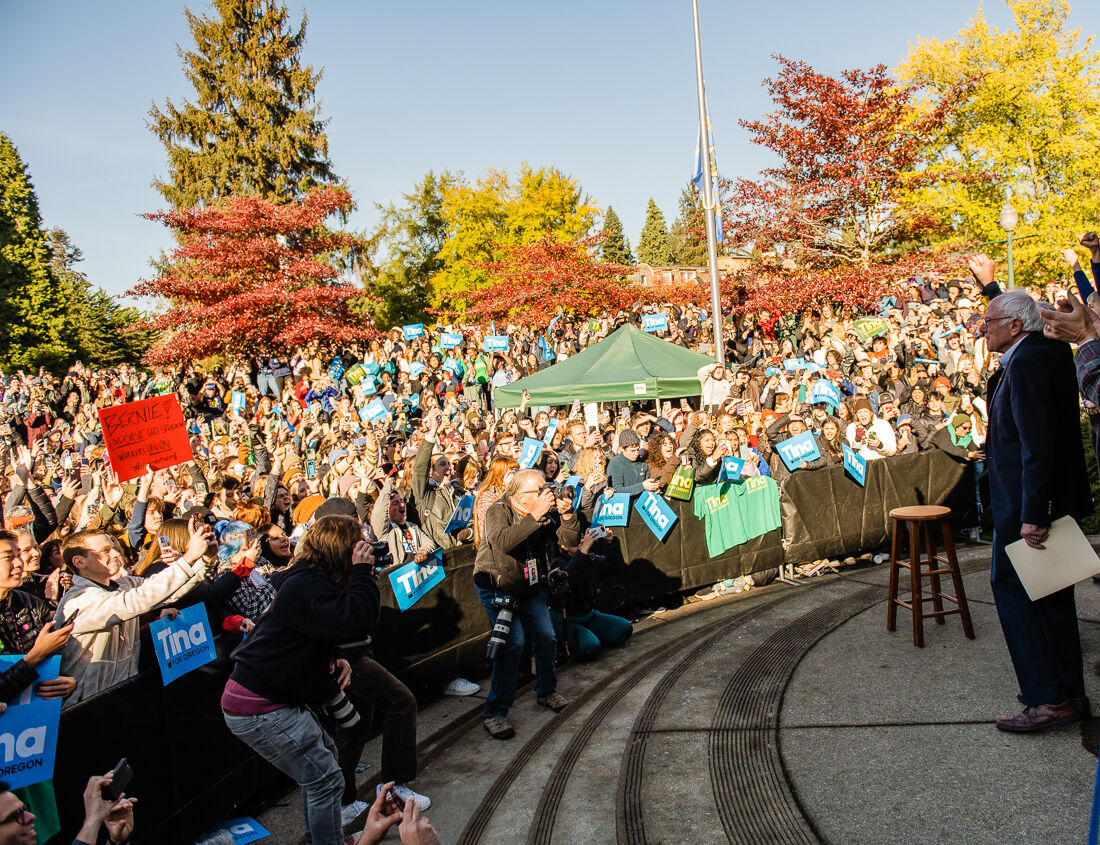 Vermont Senator and former candidate for President of the United States Bernie Sanders raises his fist to the sky as the crowd cheers. Sanders kicked off his tour Thursday morning in Eugene to draw attention to the midterm elections and generate support for the Democratic party. Vermont Senator Bernie Sanders joined Oregon&#8217;s Democratic party leaders at the University of Oregon&#8217;s Erb Memorial Union for a rally in support of Oregon Democrat Gubernatorial candidate Tina Kotek, on Thursday, Oct., 27th, 2022. (Ian Enger/ Emerald)