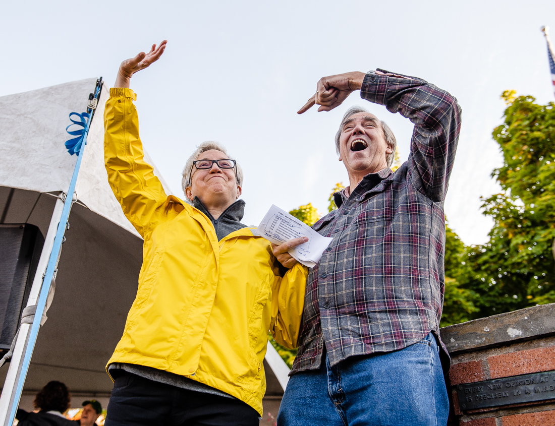 Oregon Senator Jeff Merkley cheers and points as he introduces Gubernatorial candidate Tina Kotek to the crowd at Thursday&#8217;s rally. Vermont Senator Bernie Sanders joined Oregon&#8217;s Democratic party leaders at the University of Oregon&#8217;s Erb Memorial Union for a rally in support of Oregon Democrat Gubernatorial candidate Tina Kotek, on Thursday, Oct., 27th, 2022. (Ian Enger/ Emerald)