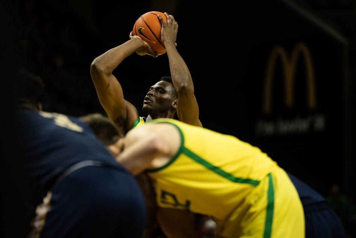 N'Faly Dante attempts one of the several free throws he was awarded versus the Bobcats. The Oregon Ducks face the Montana State Bobcats on November 15th, 2022, at Matthew Knight Arena. (Liam Sherry, Emerald)