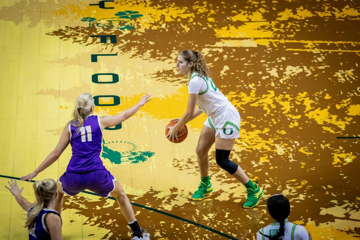 Jennah Isai (23) waits at the perimeter for a teammate to open up for a pass.&#160;The Oregon Ducks host Carroll College for an exhibition match on October28th, 2022, at Matthew Night Arena. (Jonathan Suni, Emerald)