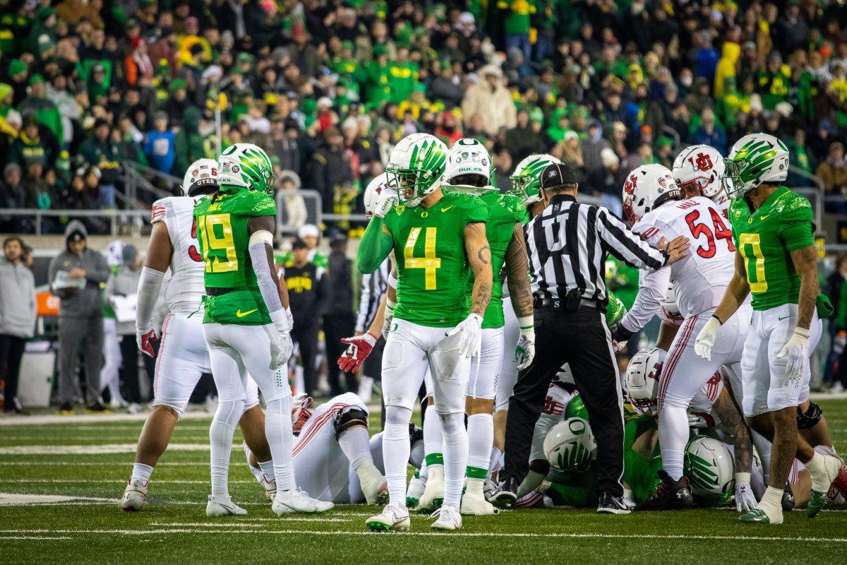 Bennet Williams (4) walks away from a mess of Oregon and Utah players after a big defensive stop.&#160;The University of Oregon Ducks host the University of Utah Utes for the last home game of the season at Autzen Stadium in Eugene, Ore., on November 19th, 2022. (Jonathan Suni, Emerald)