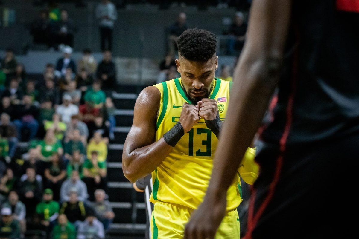 Quincy Guerrier shows frustration after committing a bad foul.&#160;The Oregon Ducks host the #3 Houston Cougars on November 20th, 2022, at Matthew Knight Arena. (Jonathan Suni, Emerald)