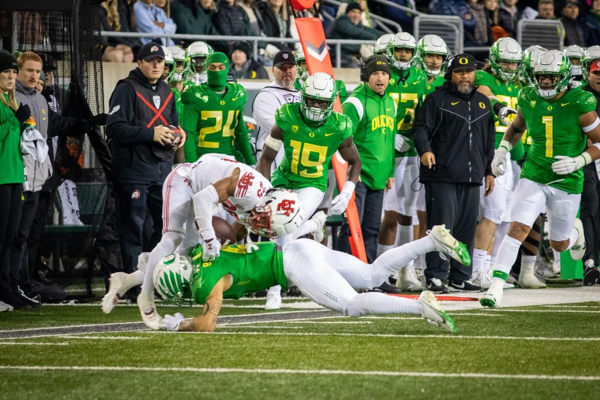 Bennett Williams (4) makes a big tackle next to the Oregon sideline.&#160;The University of Oregon Ducks host the University of Utah Utes for the last home game of the season at Autzen Stadium in Eugene, Ore., on November 19th, 2022. (Jonathan Suni, Emerald)