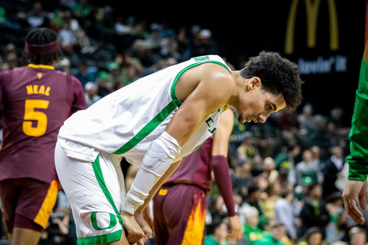 Oregon point guard, Will Richardson (0), looks down in disbelief with his hands on his knees after a bad turnover.&#160;The University of Oregon Ducks host the Arizona State Sun Devils at Matthew Knight Arena in Eugene, Ore., on Jan. 12, 2023. (Jonathan Suni, Emerald)