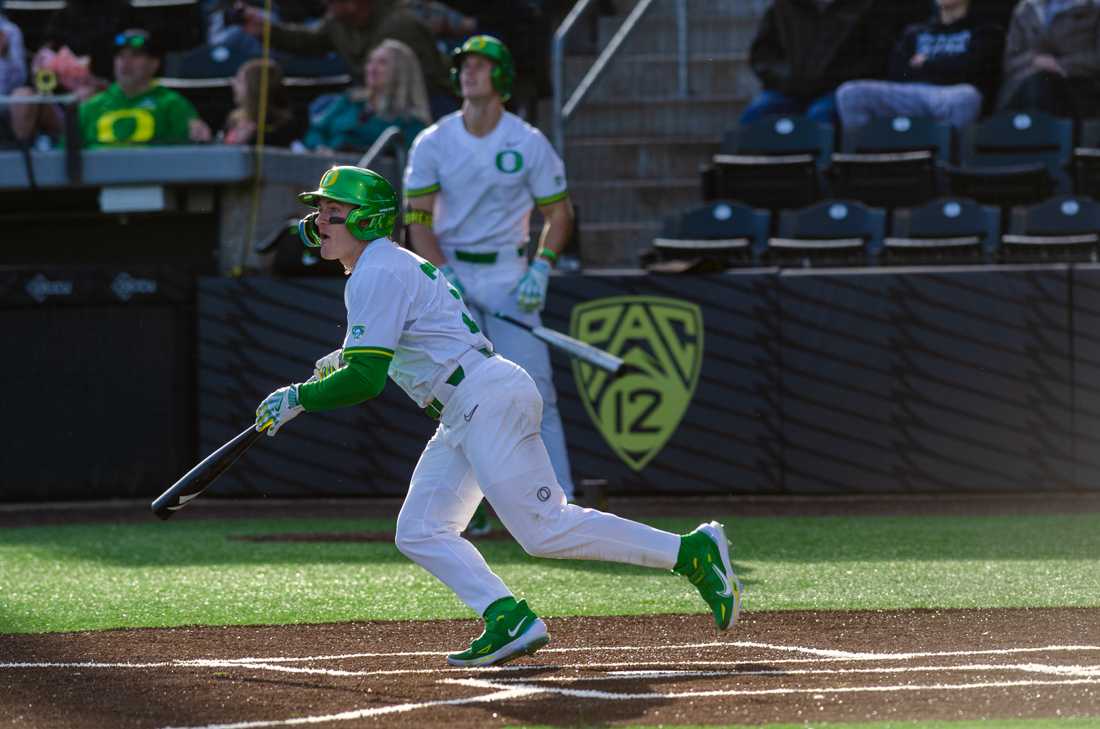 Ducks outfielder Tanner Smith (31) ropes a single to right field. The University of Oregon Ducks defeat Xavier University 3-2 at PK Park in Eugene, Ore., on February 17th, 2023. (Kai Kanzer/Emerald)