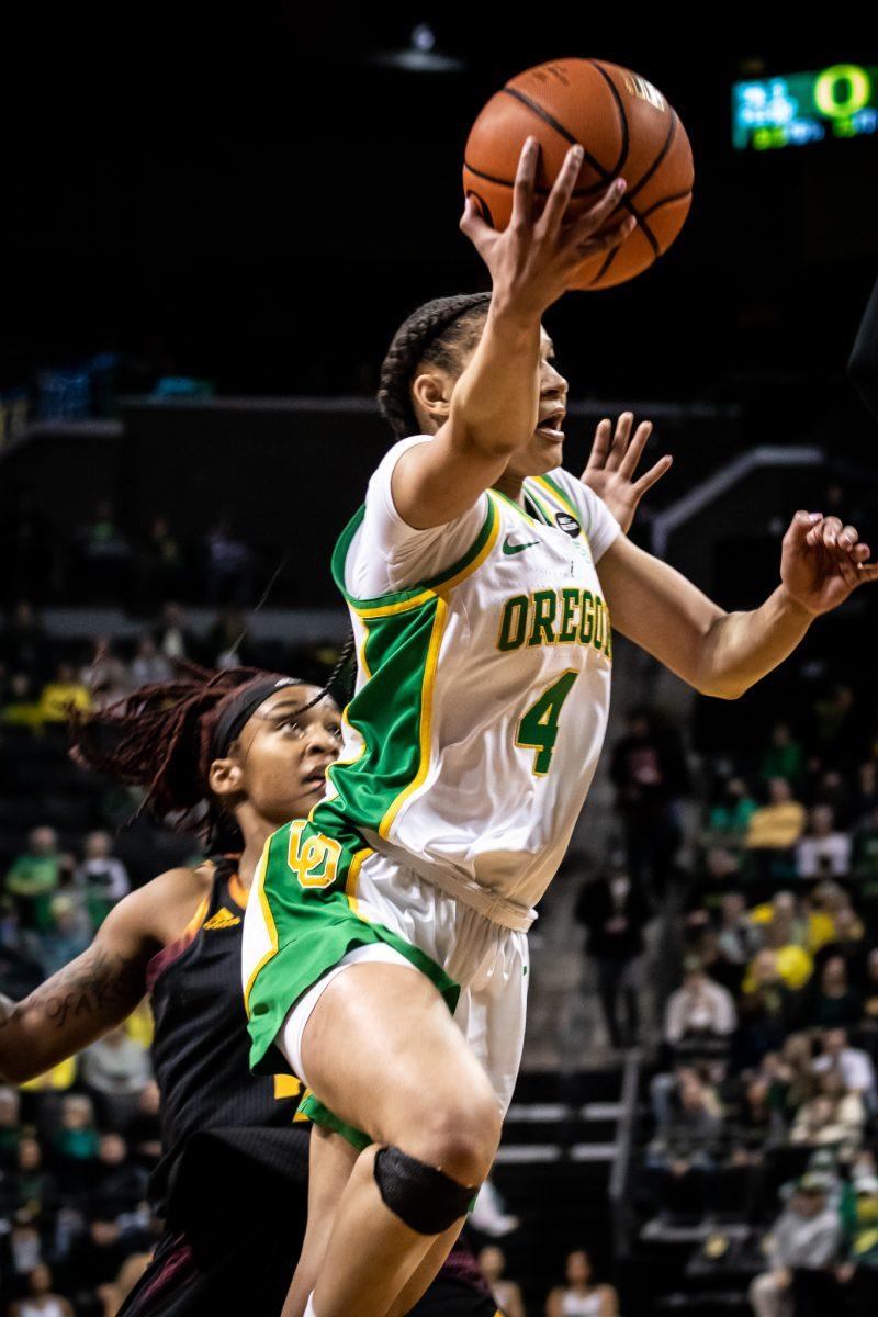 Endyia Rogers jumps up to attempt a layup.&#160;The University of Oregon Ducks host the Arizona State Sun Devils at Matthew Knight Arena in Eugene, Ore., on Feb. 25th, 2023 for their final game of the season. (Jonathan Suni, Emerald)