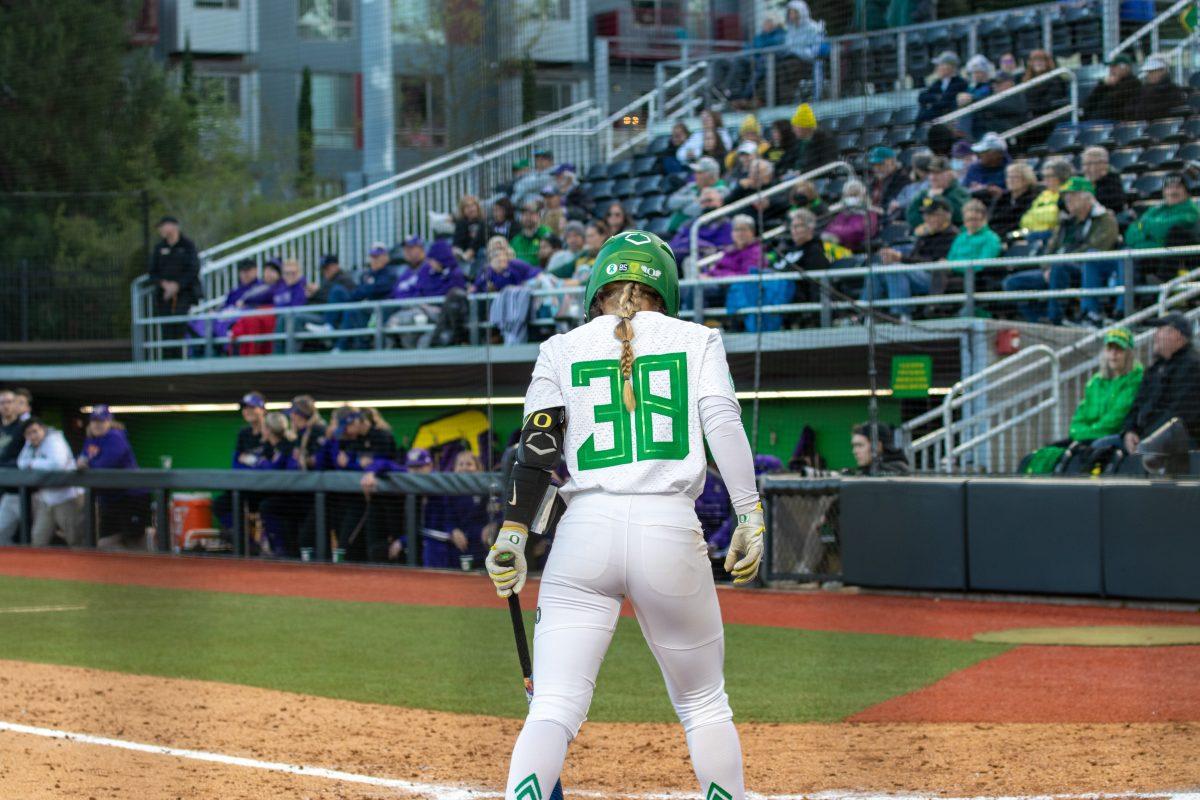 Paige Sinicki (38) steps up and prepares to bat.&#160;The Oregon Ducks Softball Team hosts Washington on April 22nd,2022, at Jane Sanders Stadium. (Jonathan Suni, Emerald)