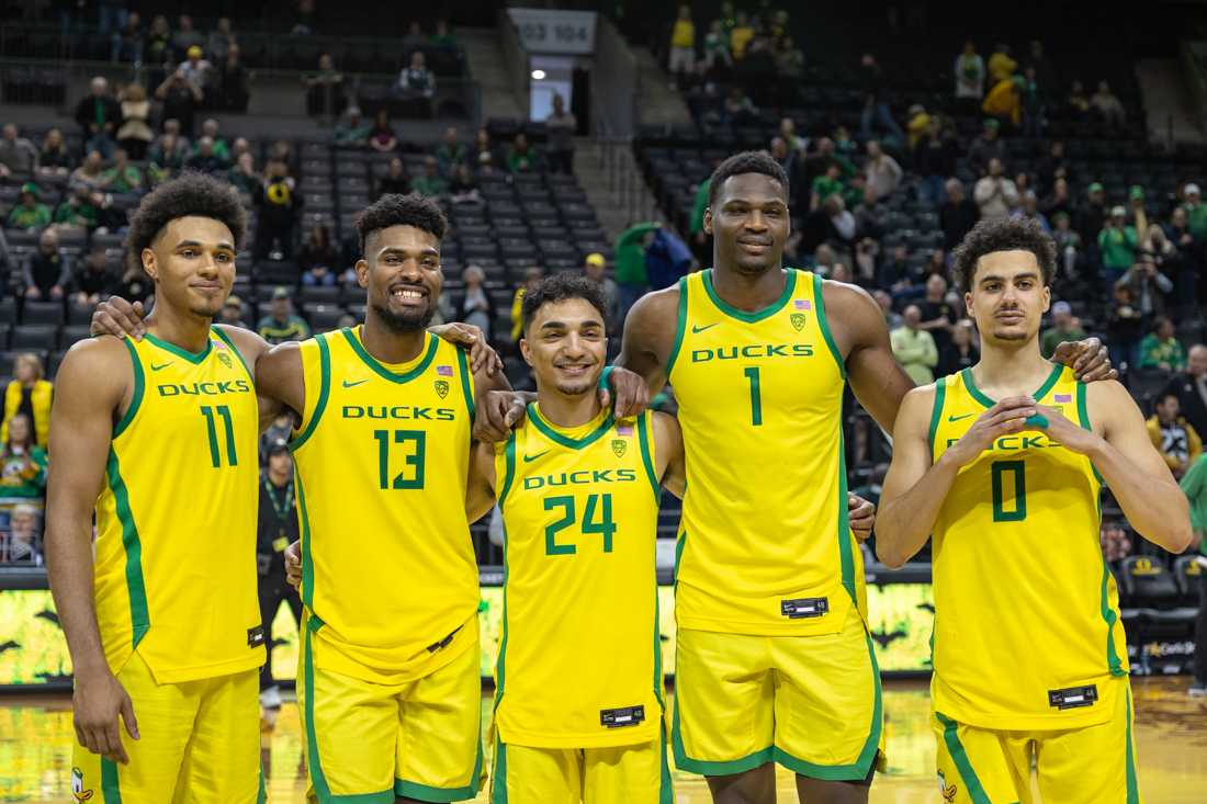 Rivaldo Soares (11), Quincy Guerrier (13), Brady Parris (24), N&#8217;Faly Dante (1) and Will Richardson (0) are honored during their senior night presentation. The Oregon Ducks Men&#8217;s Basketball team takes on the Stanford Cardinal at Matthew Knight Arena in Eugene, Ore., on Mar. 4th, 2023 (Molly McPherson/Emerald)