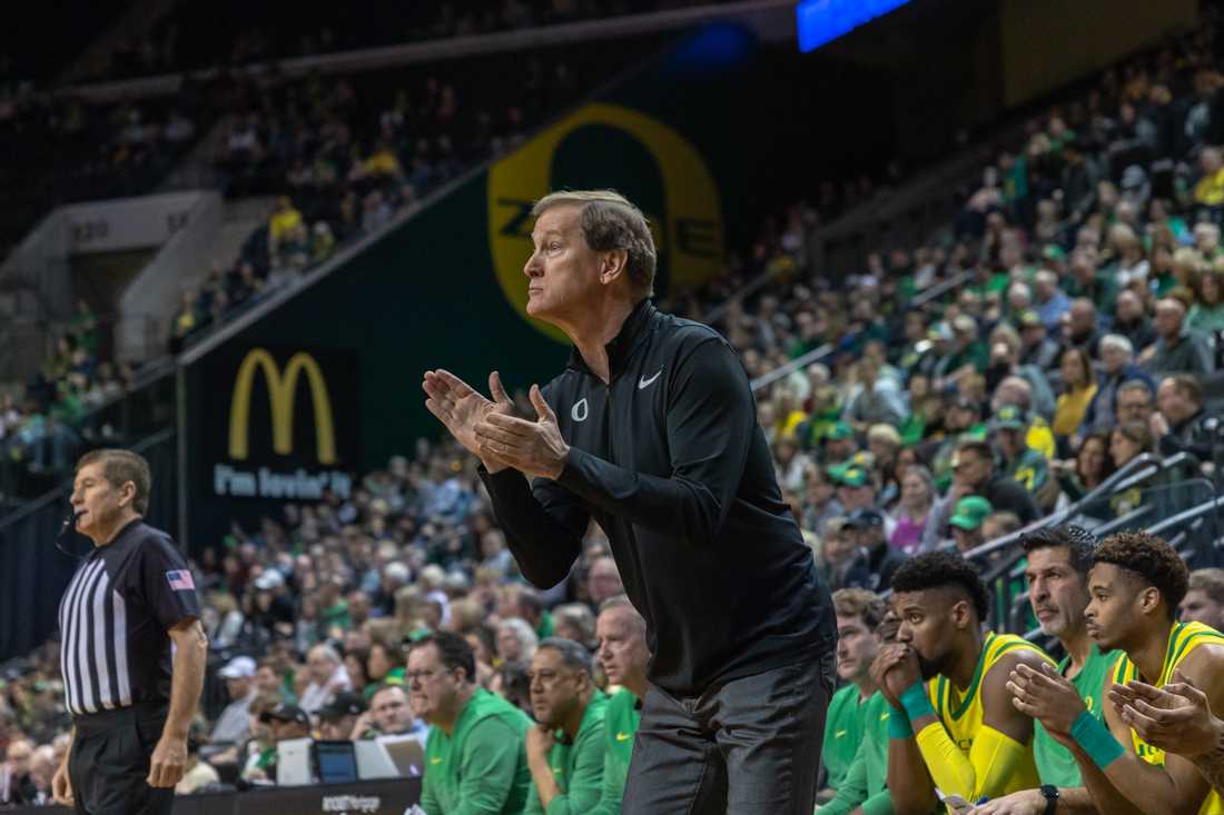 Oregon head coach Dana Altman claps in front of the Oregon bench. The Oregon Ducks Men&#8217;s Basketball team takes on the Stanford Cardinal at Matthew Knight Arena in Eugene, Ore., on Mar. 4th, 2023 (Molly McPherson/Emerald)