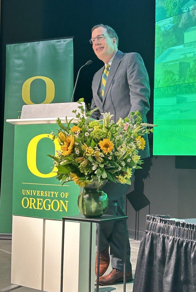 Scholz makes a speech after being selected as UO's president (Caleb Barber).