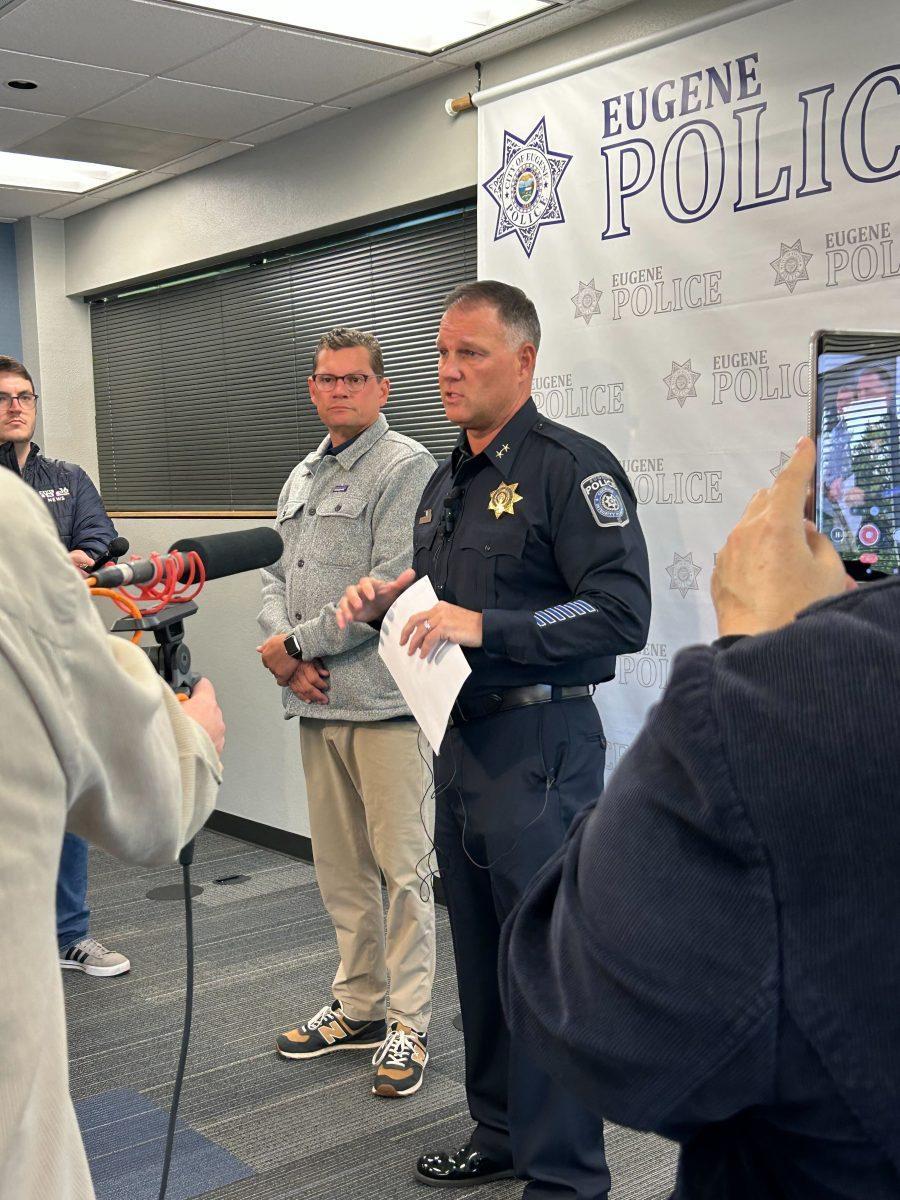 Eugene Police Chief Chris Skinner and 4J Superintendent Andy Dey speak at a press conference Wednesday afternoon about the&#160;announcement that two South Eugene High School students were identified as suspects&#160;(Caleb Barber).