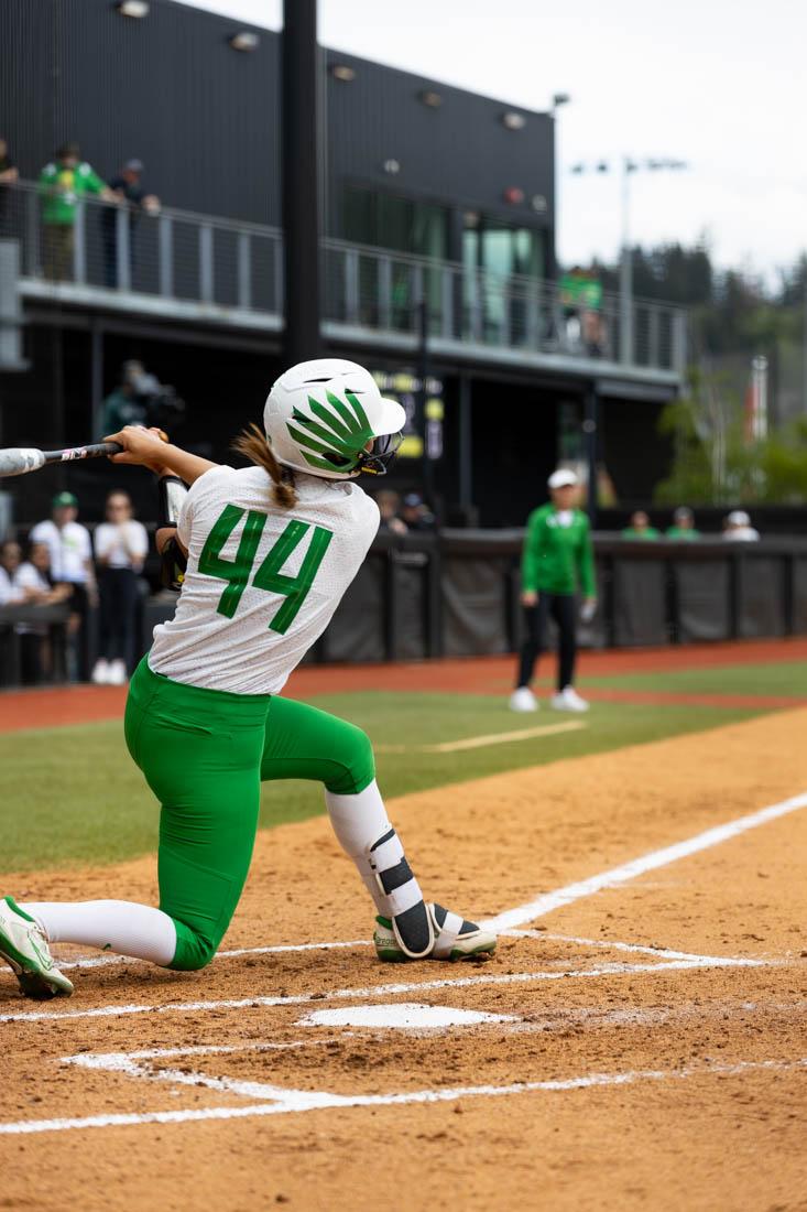 Teyha Bird (44) steps up to bat for the Ducks. Oregon Ducks softball lost 0-2 in a league series against the Utah Utes on May 7th, 2023, at Jane Sanders Stadium. (Kemper Flood/ Emerald).