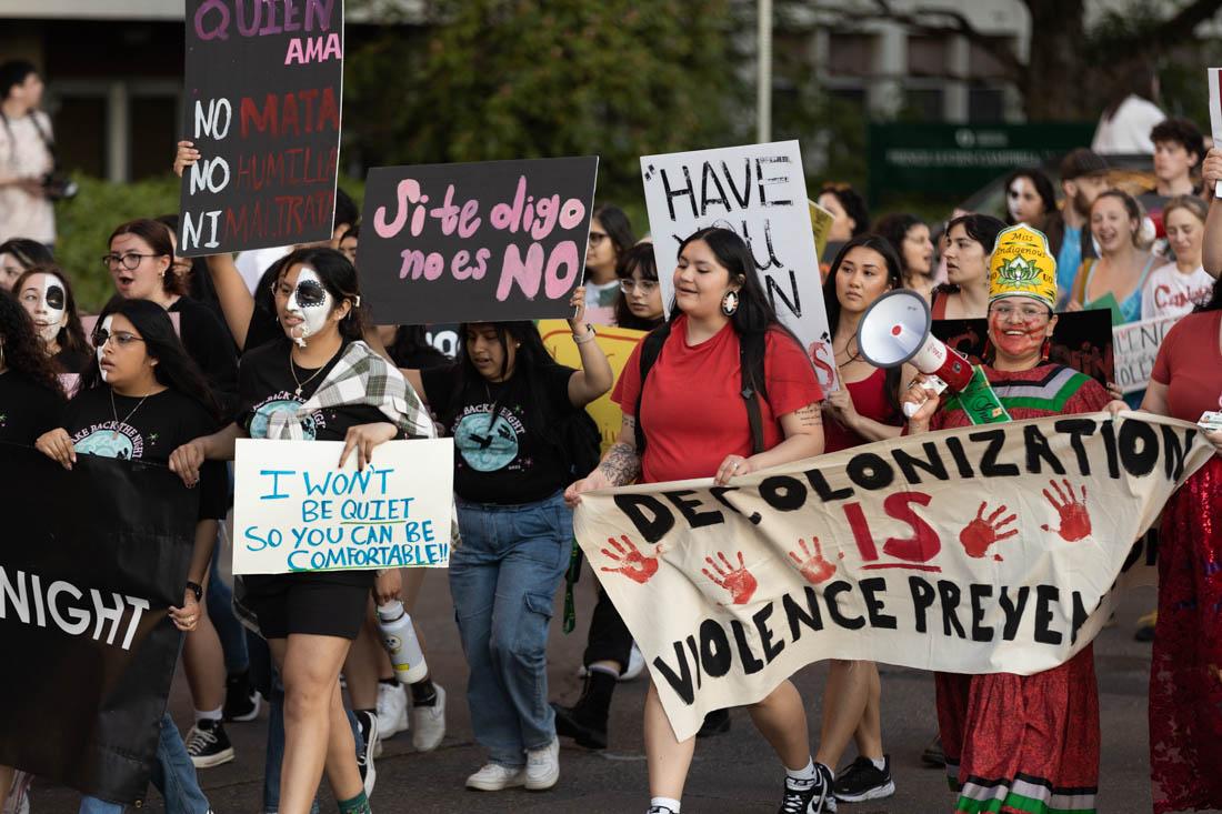 The group leaders and organizations marched down Kincaid Street. Take Back the Night a survivor-centered event held a rally on April 27, 2023. (Kemper Flood/ Emerald).