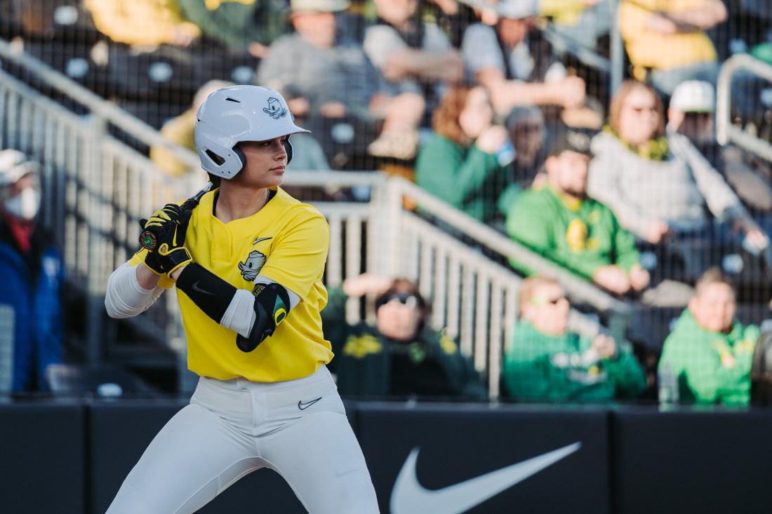 Ariel Carlson gets set in her stance as she takes a turn at bat. The Oregon Ducks Softball team faces the Portland State Vikings, on March 11th, 2022, at Jane Sanders Stadium. (Serei Hendrie/Emerald)