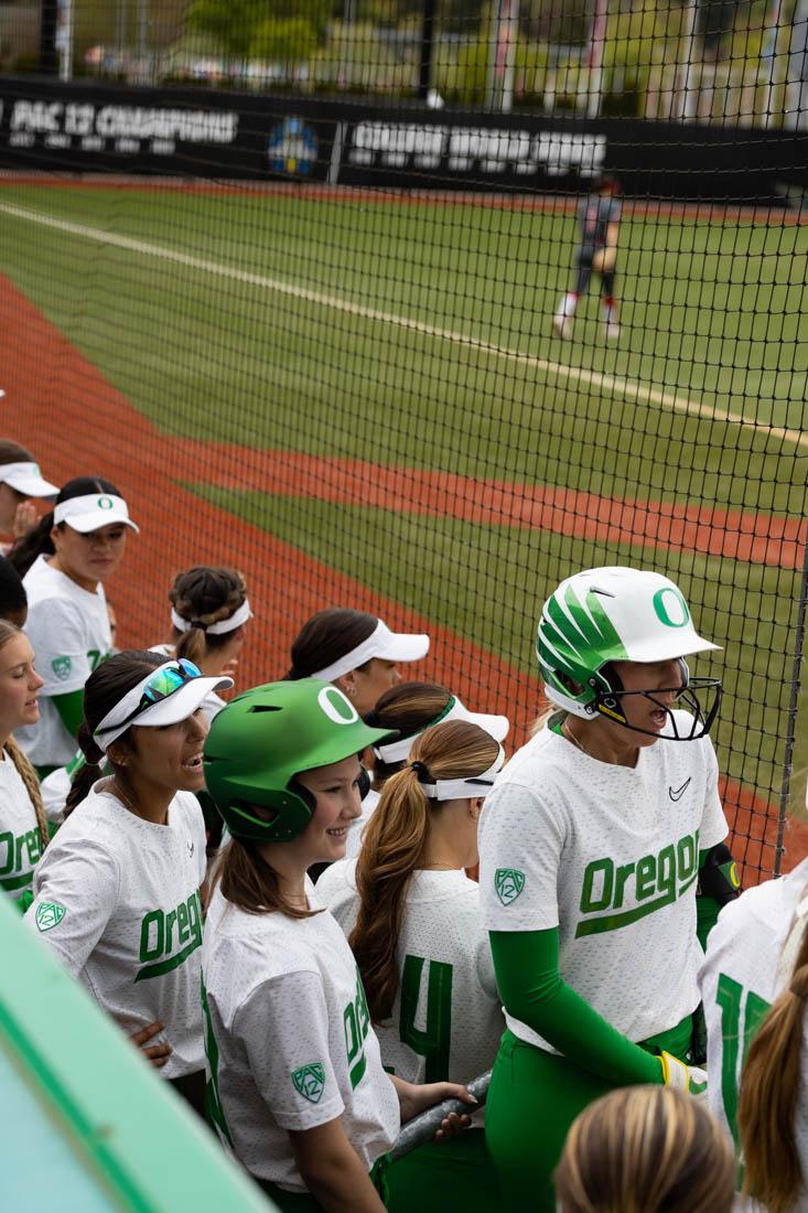 The Ducks dugout was filled with loud cheers from teamates and coaches. Oregon Ducks softball lost 0-2 in a league series against the Utah Utes on May 7th, 2023, at Jane Sanders Stadium. (Kemper Flood/ Emerald).