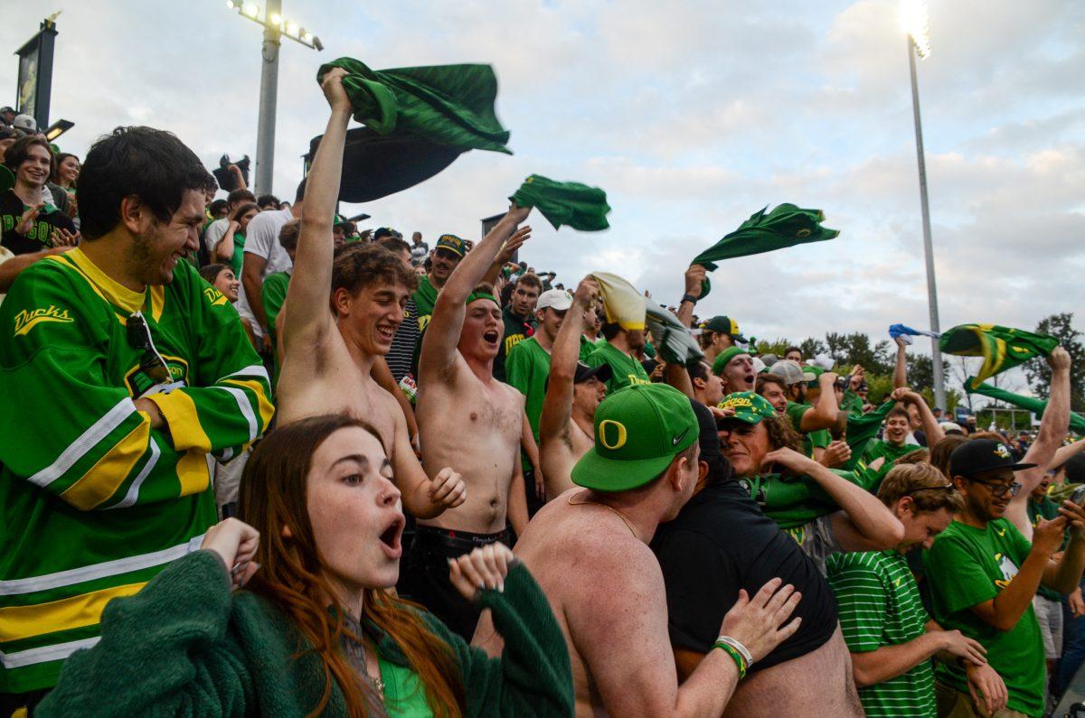 The Oregon Student section in the 9th inning. The Oregon Baseball team defeats Oral Roberts in game 1 of Super Regionals on June 9th at PK Park. (Kai Kanzer/Emerald)