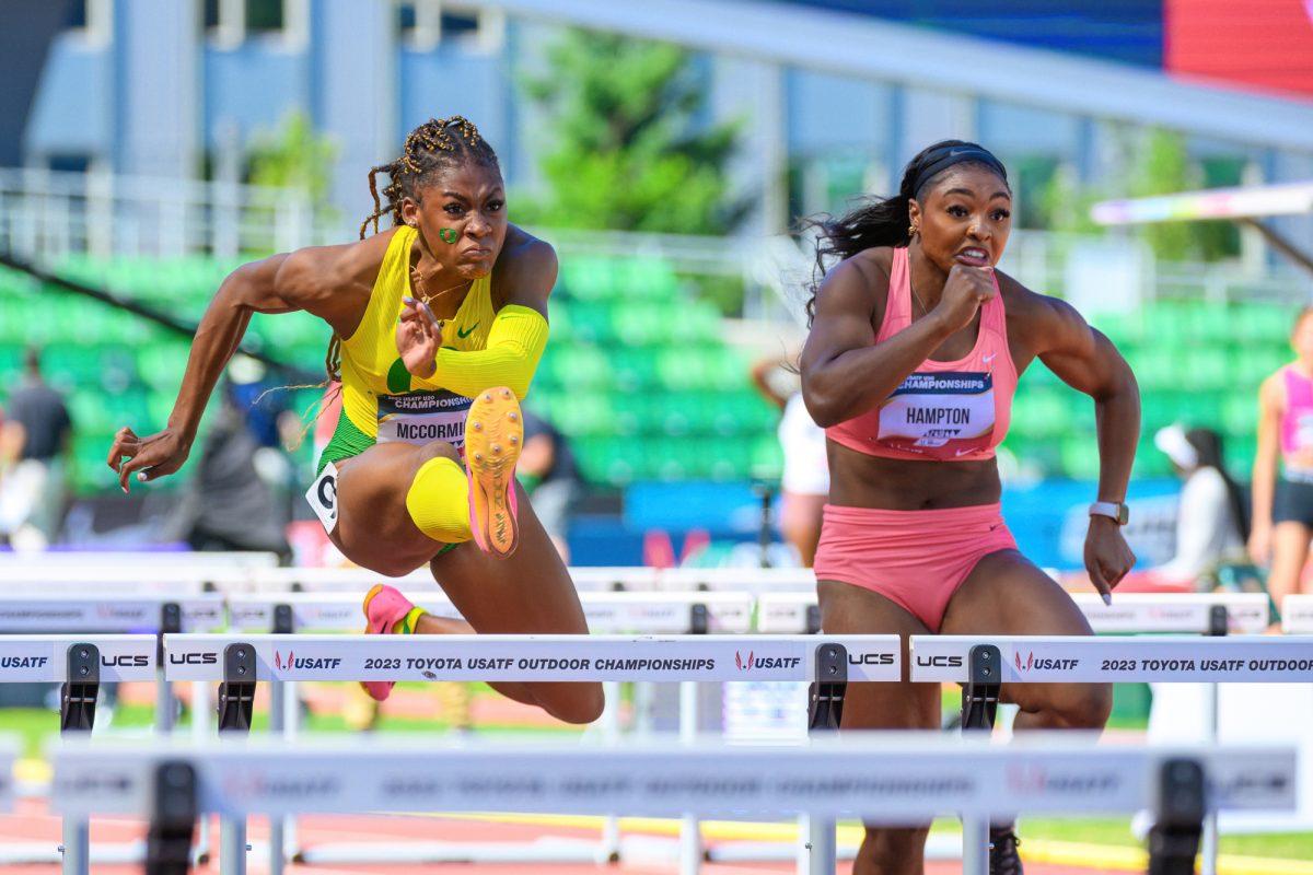 Aaliyah McCormick (left) wins the U20 women's 110m hurdles. The USA Track &amp; Field Outdoor Championships continued on July 7, 2023, at Hayward Field, in Eugene, Oregon. (Eric Becker/Emerald)