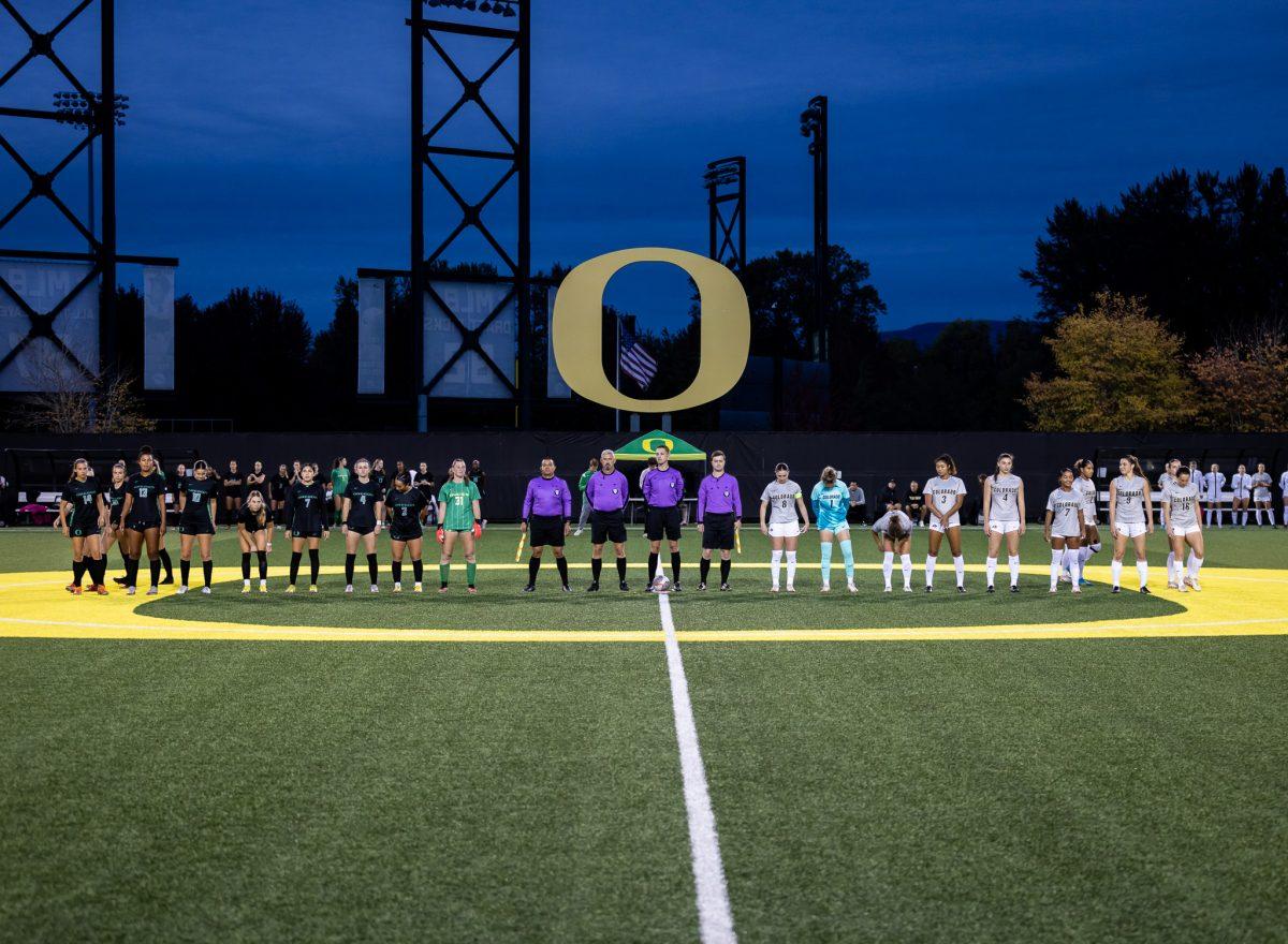 The winless Ducks line up next to a far more successful team in the Colorado Buffaloes prior to the start of the match.&#160;The University of Oregon Ducks soccer team falls to the University of Colorado Buffalos with a score of 3-1 at&#160;Pape Field in Eugene, Ore., on Sept. 28, 2023. (Jonathan Suni/Emerald)