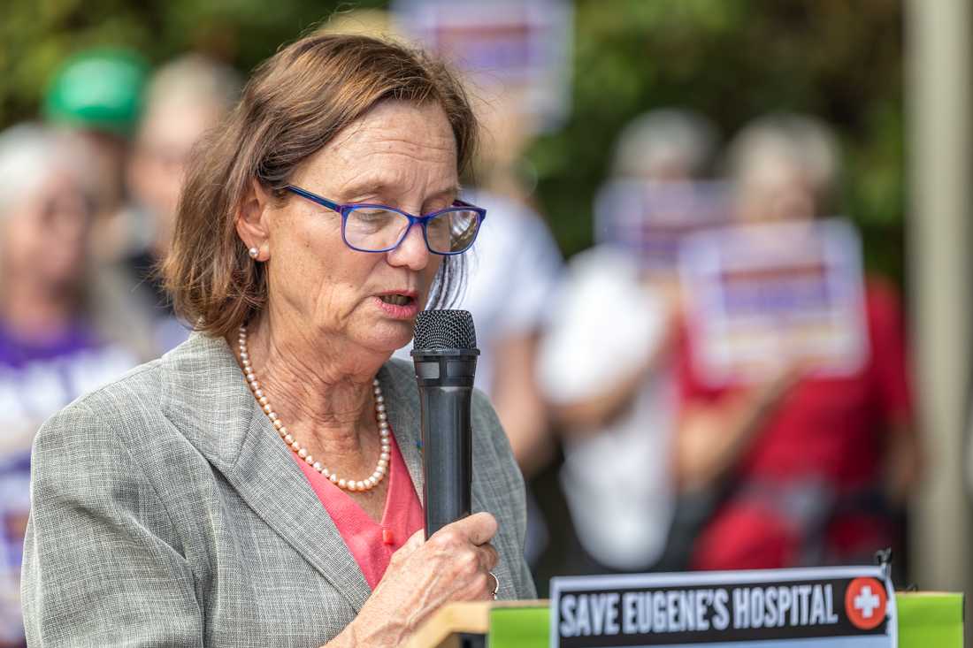 Lucy Vinis, the mayor of Eugene, speaks at a rally held outside the University District Hospital on Monday, Sep. 11, 2023. The rally supported a press conference regarding PeaceHealth&#8217;s recent decision to begin shutting down the hospital. (Molly McPherson/Emerald)