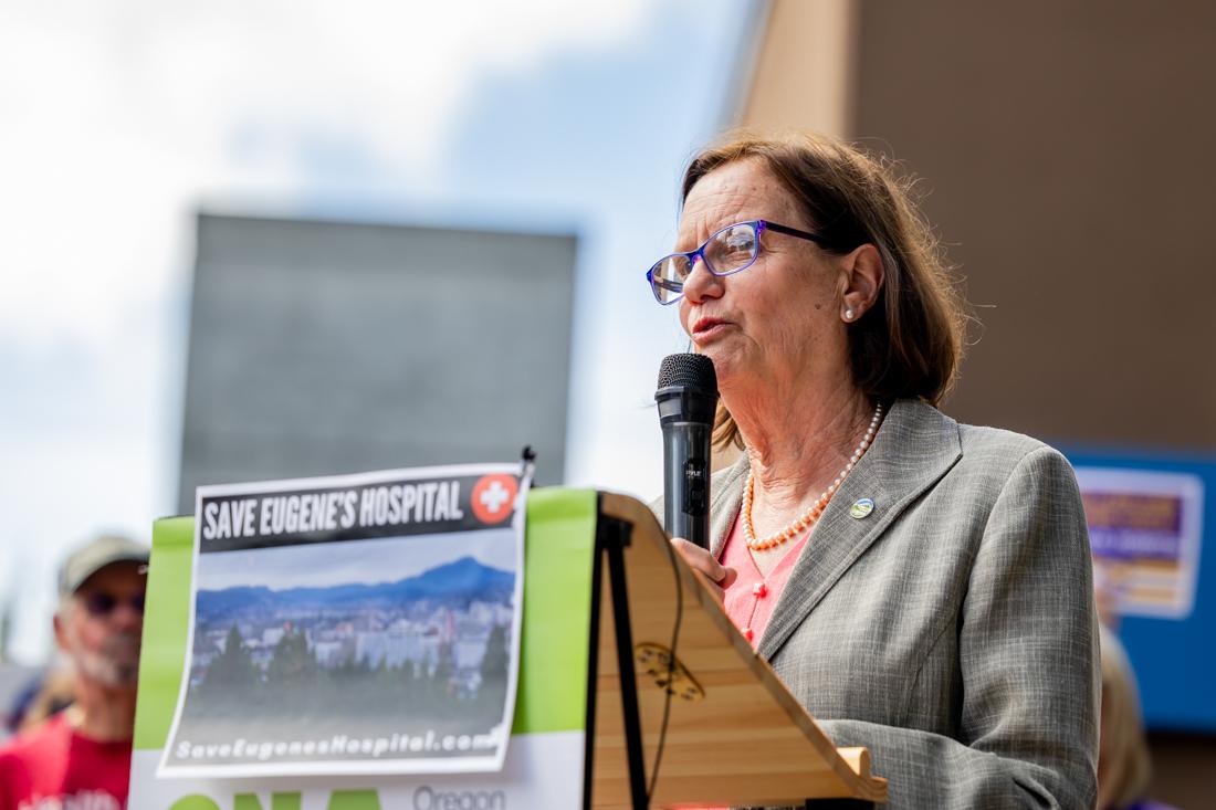 Lucy Vinis, the mayor of Eugene, speaks at a rally held outside the University District Hospital on Monday, Sep. 11, 2023. The rally supported a press conference regarding PeaceHealth&#8217;s recent decision to begin shutting down the hospital. (Molly McPherson/Emerald)