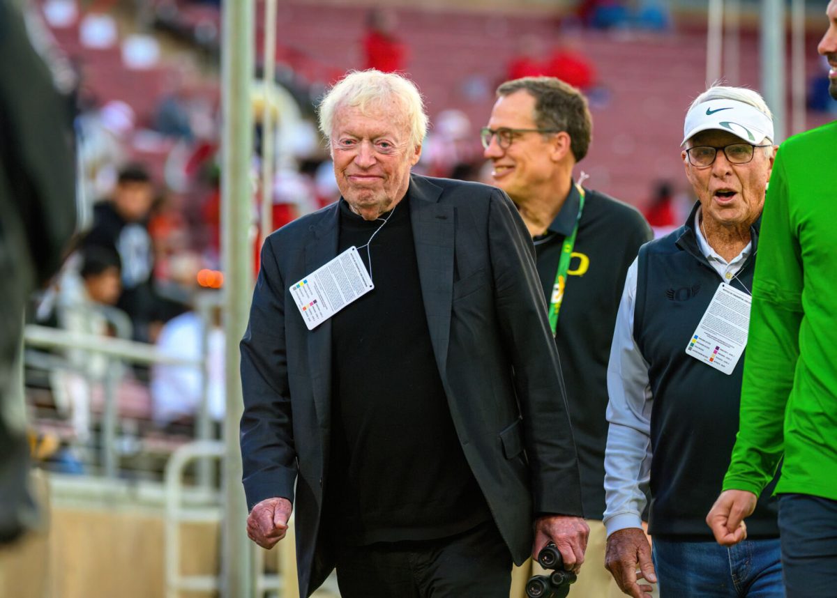 Nike founder Phil Knight roams the sidelines.&#160;The University of Oregon Ducks football team defeated the Stanford University Cardinals in an away match at Stanford Stadium in Stanford, Calif., on Sept. 30, 2023. (Eric Becker/Emerald)