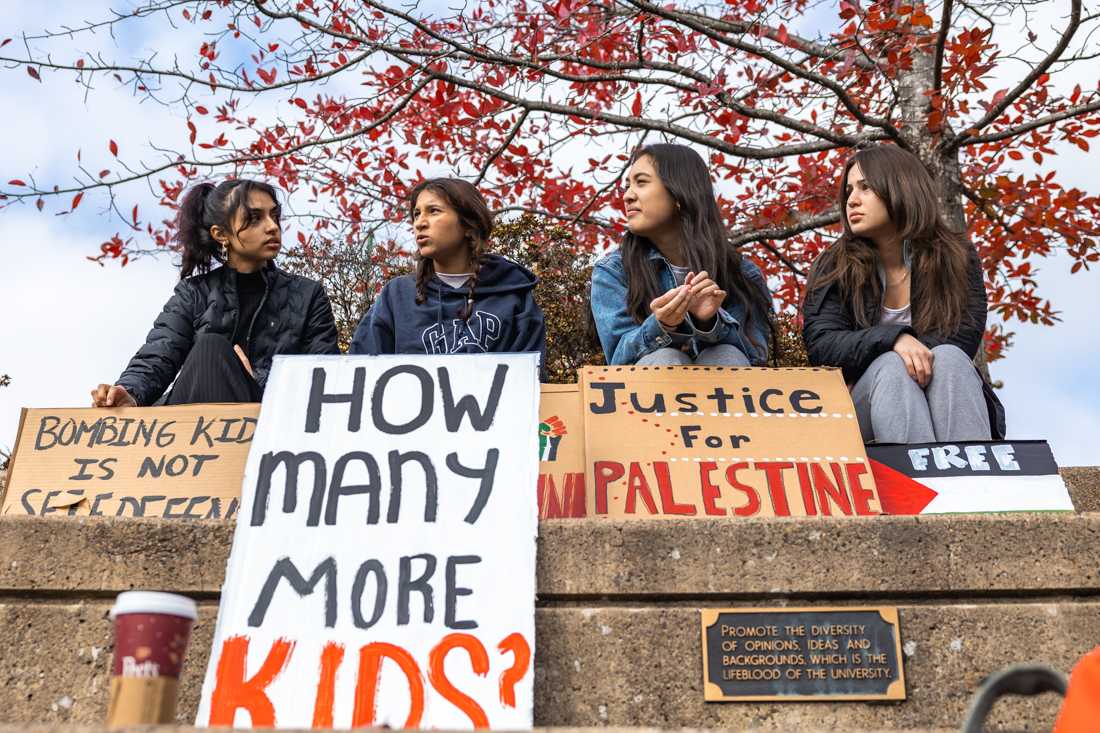 Students and community members gathered to rally in support of Palestine in the EMU Amphitheater in conjunction with the University of Oregon&#8217;s chapter of Students for Justice in Palestine on Oct. 27, 2023 in Eugene, Ore. (Molly McPherson/Emerald)