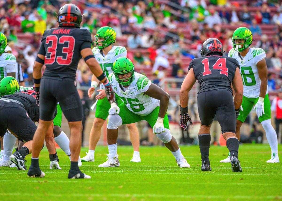 Josh Conerly Jr. (76) gets ready before the snap.&#160;The University of Oregon Ducks football team defeated the Stanford University Cardinals in an away match at Stanford Stadium in Stanford, Calif., on Sept. 30, 2023. (Eric Becker/Emerald)
