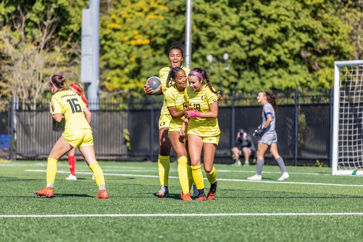 Freshman forward, Lauren Kenny (18), celebrates her first goal as an Oregon Duck.&#160;The University of Oregon Soccer team hosts the University of Utah at&#160;Pape Field in Eugene, Oregon, on October 1, 2023. (Jonathan Suni/Emerald)