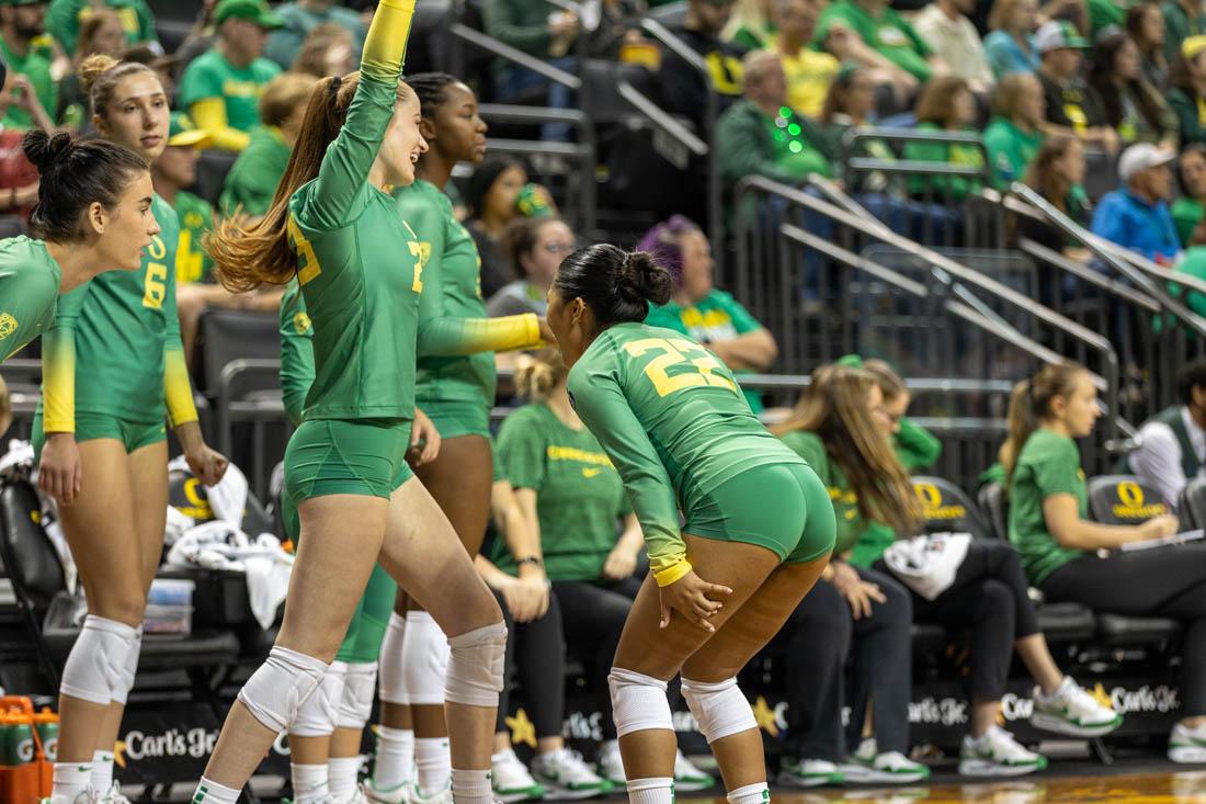 Maya De Los Reyes (22) jumps up and down after scoring against the Cougars.&#160;The University of Oregon Ducks volleyball team lost to Washington State University 1-3 at Matthew Knight Arena in Eugene, Ore., on Oct. 1, 2023. (Kemper Flood/ Emerald)