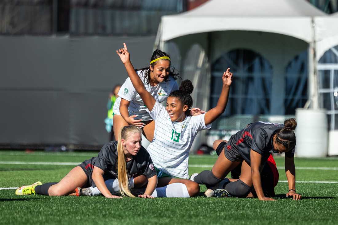 Ducks forward Ajanae Respass (13) celebrates after scoring a goal in the second half. The Oregon Ducks women&#8217;s soccer team takes on the Washington State Cougars on Oct. 29, 2023, in Eugene, Ore. (Molly McPherson/Emerald)