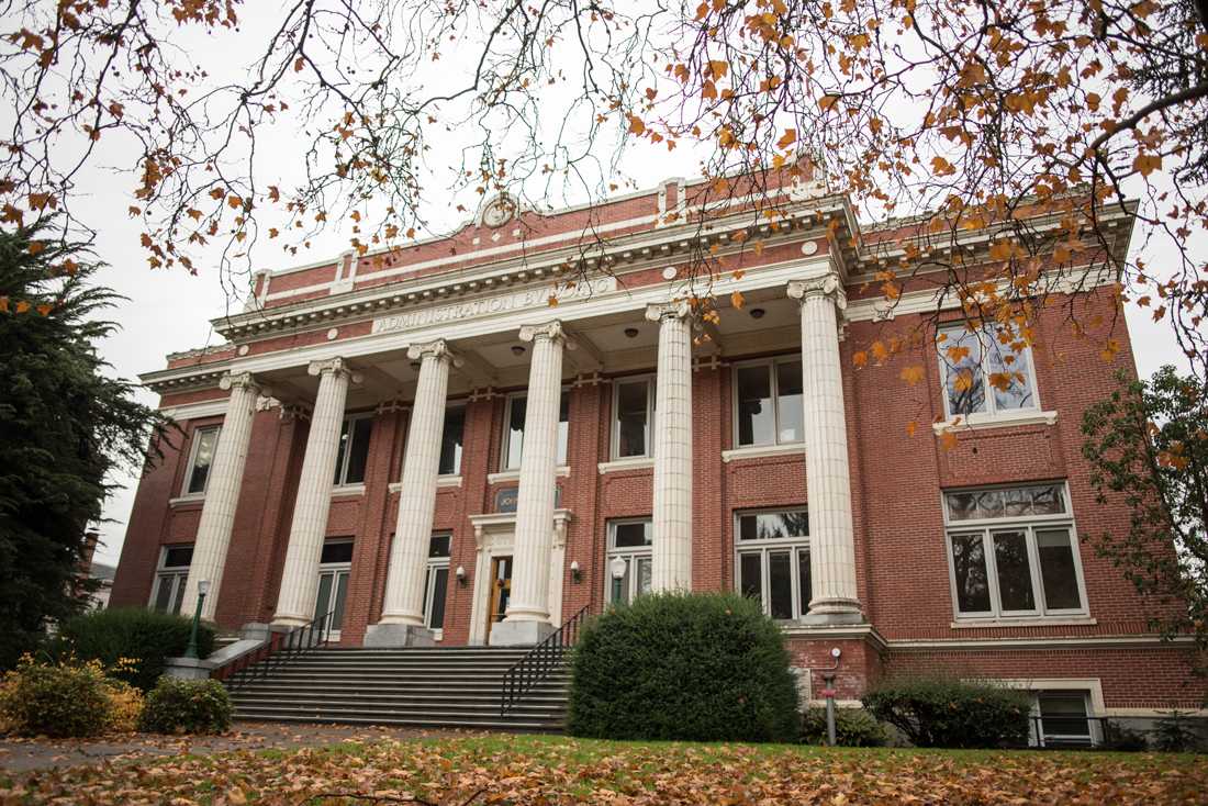 Johnson Hall, located near the center of the University of Oregon campus in Eugene, Ore., is the university&#8217;s main administration building. (Marissa Willke/Emerald)