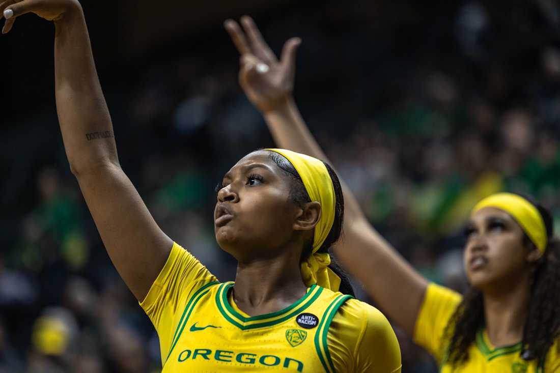 Chance Gray (2) holds her follow-through after taking a 3-point shot. The Oregon Ducks women&#8217;s basketball team takes on the Santa Clara Broncos on Nov. 18, 2023 in Eugene, Ore. (Molly McPherson/Emerald)