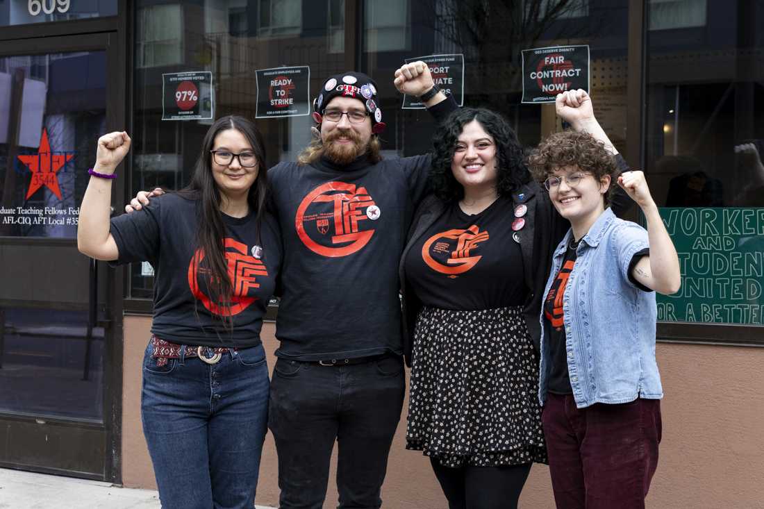 GTFF VP of Membership Lissie Connors, GTFF Bargaining Team member Ben Mannix, GTFF President Leslie Selcer and GTFF VP of Communications Rose Inocencio-Smith pose in front of the GTFF office on Nov. 29. (Alex Hernandez/Emerald)