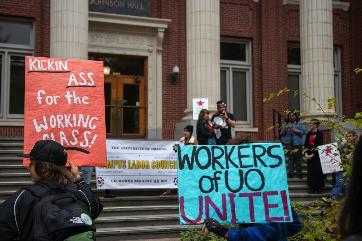 On Oct. 20, Graduate Teaching Fellows Federation and University of Oregon Student Workers gathered in front of Johnson Hall to protest a better work environment. On Oct. 25, UOSW received enough votes to be a certified union, enabling the ability to move forward with the bargaining process&#160;with UO. (Coda/Emerald)&#160;