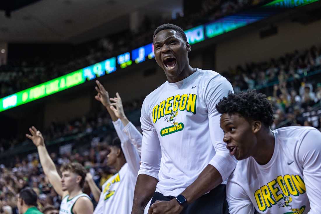 N'Faly Dante (1) screams in celebration. The Oregon Ducks men&#8217;s basketball team takes on the Michigan Wolverines on Dec. 2, 2023 in Eugene, Ore. (Molly McPherson/Emerald)