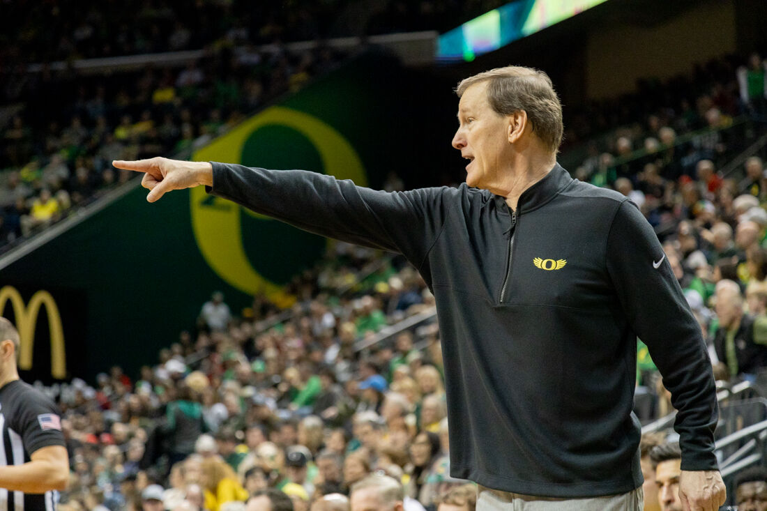 Head Coach Dana Altman points to call out a play on the court. The University of Oregon Men&#8217;s Basketball team lost to the University of Arizona Wildcats 87-78 at Matthew Knight Arena in Eugene, Ore., on Jan. 27, 2024. (Kemper Flood/ Emerald)