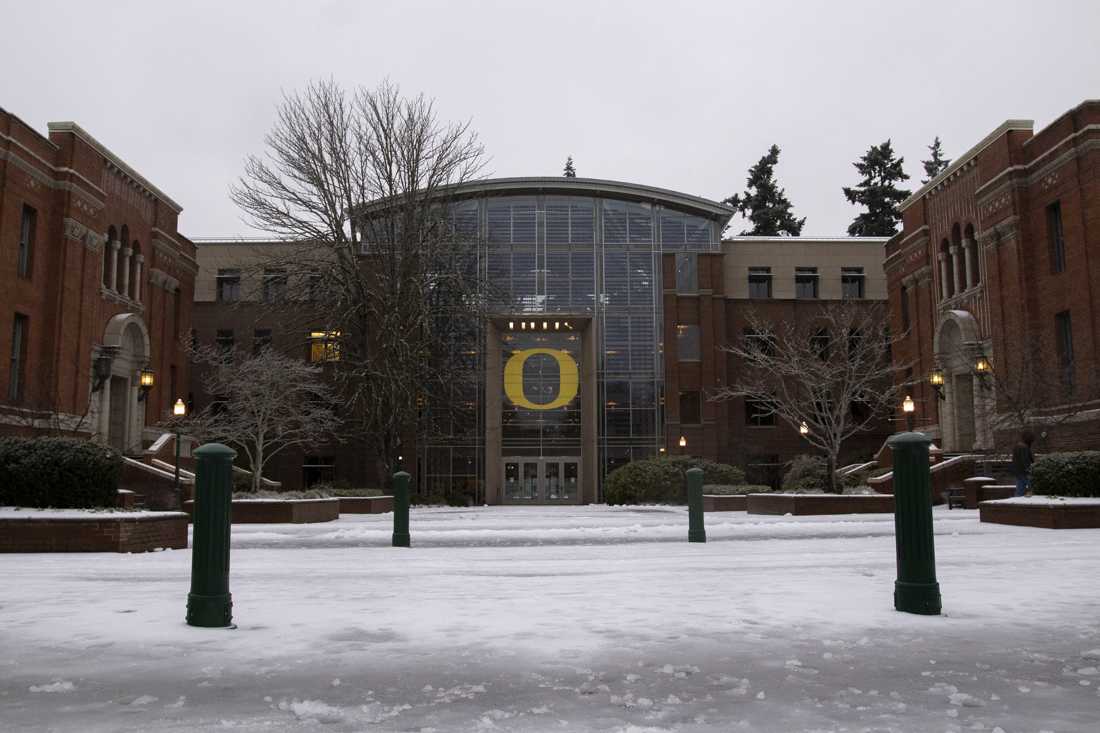 Ice covers the UO's Lillis Business Complex during a winter storm on Jan. 13, 2024. (Alex Hernandez/Emerald)