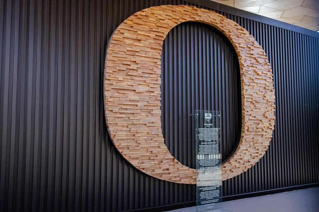 The iconic "O" logo is hung up at the very front entrance of Jane Sanders stadium. Former UO softball player, Nikki Ragin, makes her return to Jane Sanders stadium as an assistant coach for the upcoming season. (Maddie Stellingwerf/Emerald)