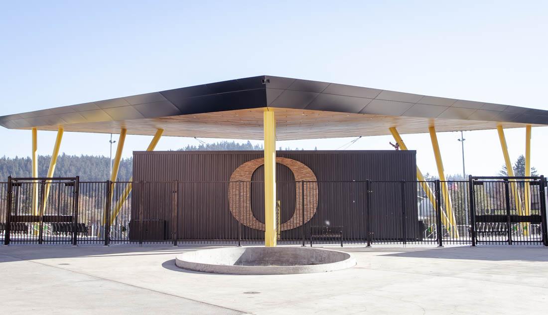 The front gates of Jane Sanders stadiums welcomes students, fans, players and more. Former UO softball player, Nikki Ragin, makes her return to Jane Sanders stadium as an assistant coach for the upcoming season. (Maddie Stellingwerf/Emerald)