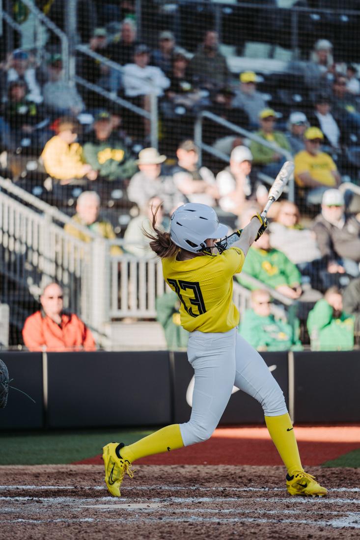 KK Humphreys takes a swing at a pitch. The Oregon Ducks Softball team faces the Portland State Vikings, on March 11th, 2022, at Jane Sanders Stadium. (Serei Hendrie/Emerald)