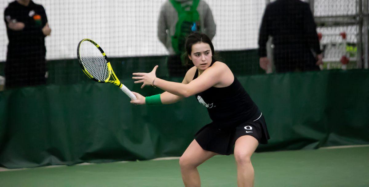 Uxia Martinez Moral prepares to return the ball. The Oregon Ducks face off against the Seattle U Redhawks on February 19th, 2022. (Liam Sherry/Emerald)