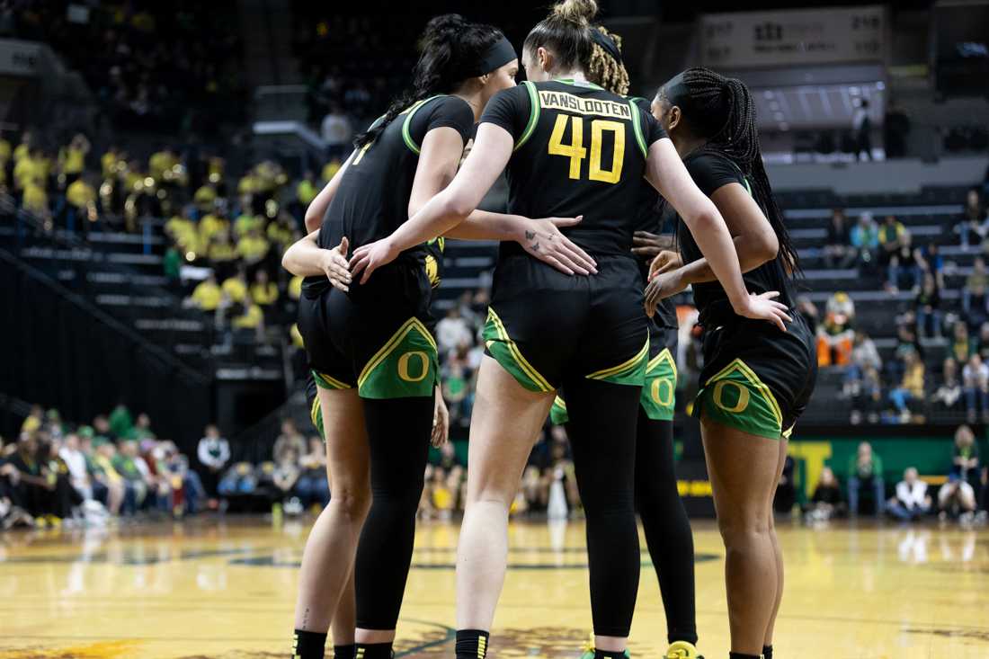 The Ducks huddle together in order to regroup after a poor play against the Bruins. The University of Oregon Women&#8217;s basketball team lost to University of California, Los Angeles 55-74 at Matthew Knight Arena in Eugene, Ore., on Feb.18, 2024. (Kemper Flood/ Emerald)