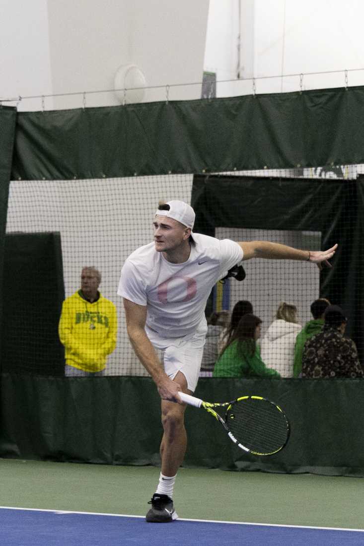 The Oregon Men's Tennis team faced off against the University of Nevada, Reno, on Feb. 10, 2024. (Alex Hernandez/Emerald)